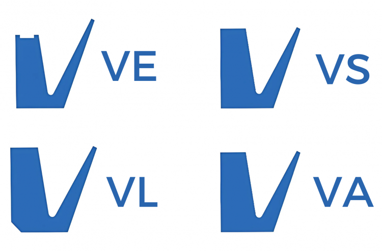 Joint V-Ring - schéma des 4 profils disponibles VE, VL, VS et VA
